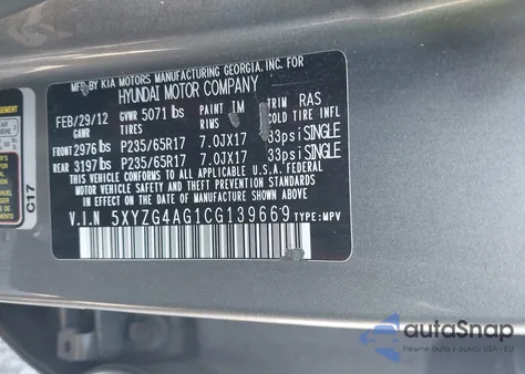 2012 Hyundai Santa Fe Gls V6 z USA, uszkodzony, nr VIN 5XYZG4AG1CG139669